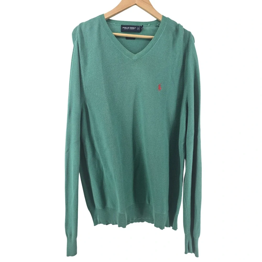 Polo Golf Ralph Lauren Sweater Mens L Green V-Neck Cotton Textured Red Pony Logo